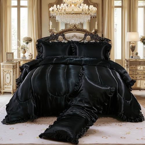 Satin Queen Comforter Set Silk Like Satin Bedding Set Hotel Soft Polyester Black Bed Set Luxury Silky Pillow Cover with Quilt Set Ruffle Down Comforter Home Decor Bedding_Dreamer