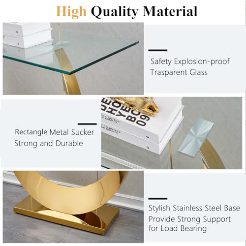 Modern Glass Entryway Console Table with Moon Shape Stainless Steel Pedestal Base, Long Narrow Sofa Table Behind Couch Hallway Table for Entryway, Living Room, Foyer, Entrance Gold TehRecBT