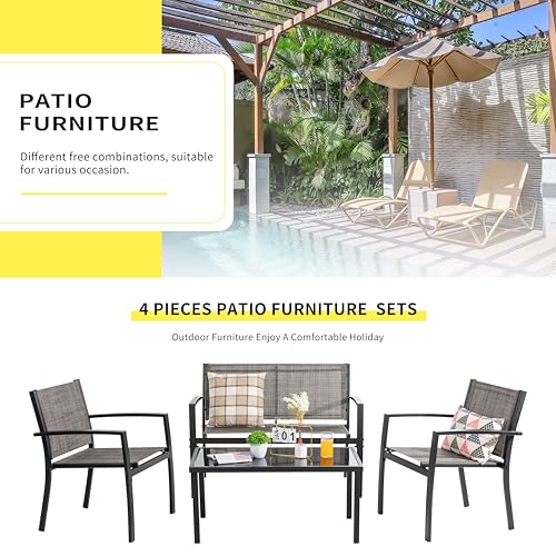 Shintenchi 4 Pieces Patio Furniture Set All Weather Textile Fabric Outdoor Conversation Set, with Glass Coffee Table, Loveseat, 2 Single Chairs for Home, Garden, Lawn, Porch(Light Brown) Shintenchi