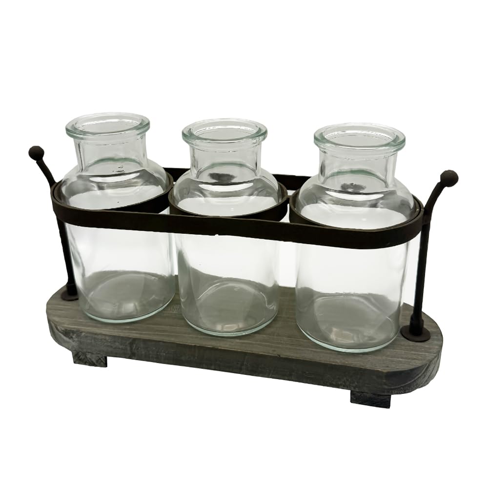 Funsoba Propagation Stations with Rustic Wood Metal Stand, Glass Vase Set with Wicker Basket Holder, 3 Bottles, Rustic Farmhouse Decor, Home and Office Table Decor (Set of 3 Bottles) FUNSOBA