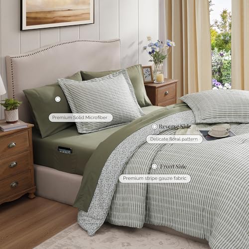 BLOOMHAVEN Queen Comforter Set - 7 Pieces Green Gauze Muslin Bedding Sets for All Seasons, Lightweight Breathable Bed in a Bag Queen with Revesible Farmhouse Comforter, Sheets, Pillowcases & Shams BLOOMHAVEN