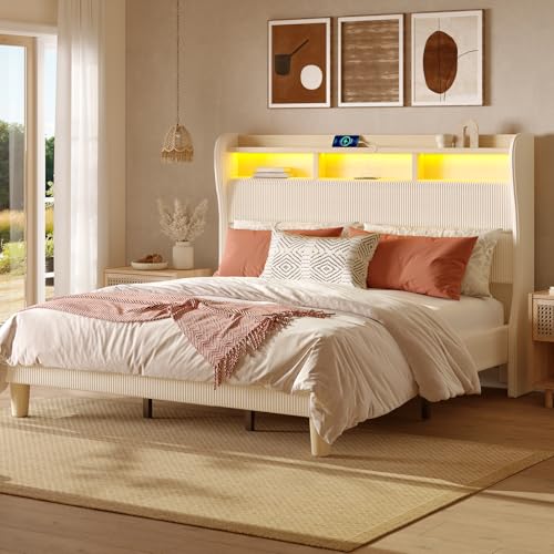 Bestier King Size Upholstered Wingback Bed Frame with 51” High Headboard Corduroy Fabric RGB LED Lights, Charging Station Dual Storage Shelves Modern Off White Platform Bed No Box Spring Needed Bestier