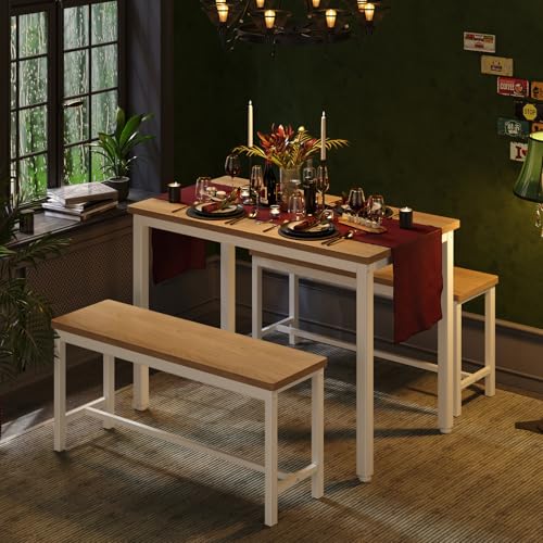 Tatub Dining Table Set for 4, 3-Piece Kitchen Table with 2 Benches, Space-Saving Dining Room Table Set for Breakfast Nook and Small Spaces, Original Tatub