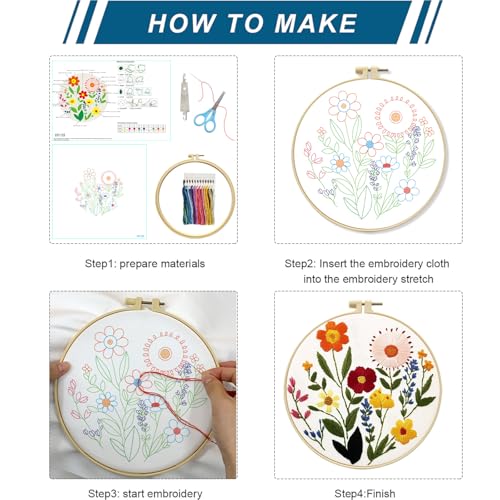 Zhenqing Flower Embroidery Kit for Beginners, Floral Hand Embroidery Starter Kit with Pattern, Wildflower Needlework Craft Set with Cotton Fabric, Hoop, Threads, Needles and Embroidery Tools (C0125)