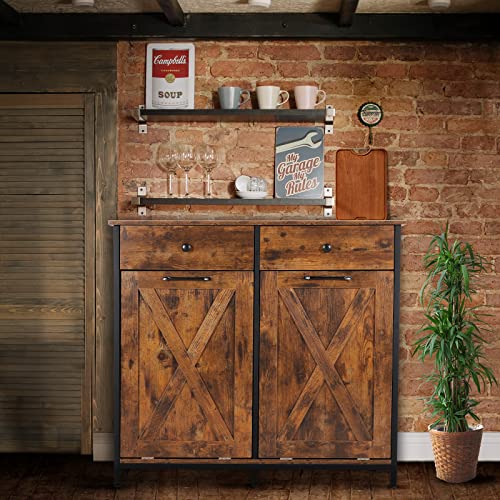 UEV Double Barn Door Style Trash Cabinet, Double Tilt Out Trash Cabinet with Solid Hideaway Drawer,Rustic Kitchen Trash Cabinet,Free Standing Wooden Kitchen Recycling Cabinet Trash Can Holder UEV