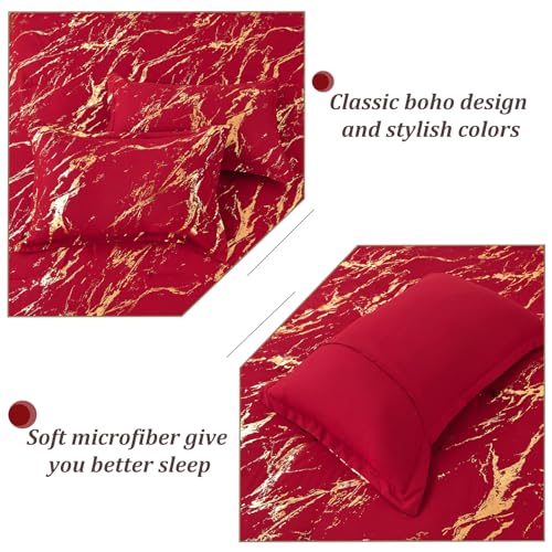 WONGS BEDDING Red Gold Metallic Marble Comforter Set King,Red Christmas Bedding Sets with 2 Pillowcases for All Seasons, Soft Microfiber Filling Bedding Duvet Set 103"x90"
