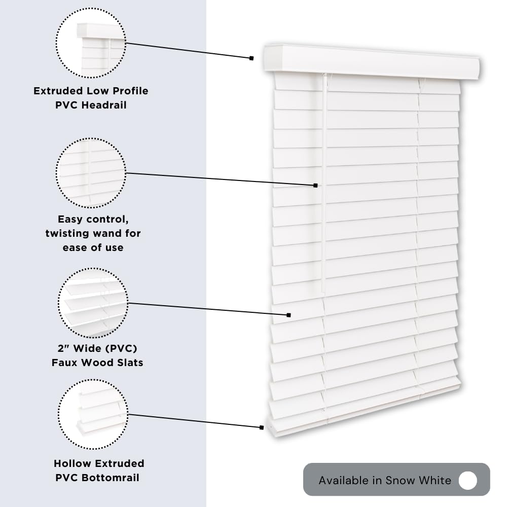LOTUS & WINDOWARE Cordless Faux Wood Blinds, 31" Wide x 24" Long, Smooth, Snow White, 2 Inch Horizontal Blinds – for Living Room, Bedroom, Interior Door Windows LOTUS & WINDOWARE