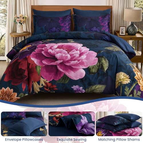WONGS BEDDING Blue Comforter Set King Size, 7 Pieces Floral Bed in a Bag Set, Navy Blue and Pink Flower Bedding Set, Soft Microfiber for All Season with Pillowcases & Shams,Sheets(90"×104") WONGS BEDDING
