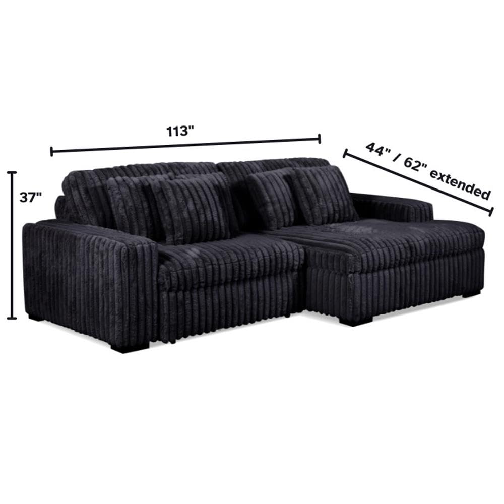Pemberly Row 113" W Corduroy Fabric Cloud Convertible Sectional Deep Seat Sofa Slider with Power Recliner Glider, USB Charging Ports, and 6 Cushions in Presley Charcol for Living Room Pemberly Row