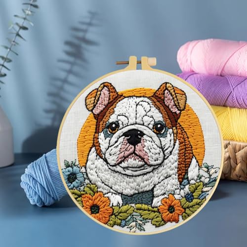 Punch Needle Kits English Bulldog Under Sunset Embroidery Starter Set with Hoop Easy for Beginners DIY Stress Relief Handmade Craft Hobby and Home Decor 20x20cm-3