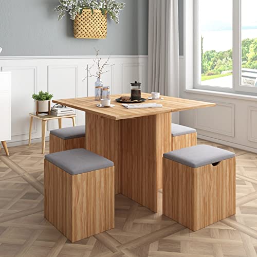 Mondeer 5-Piece Dining Table Set, Small Kitchen Table Set with 4 Stools Compact Space-Saving for Dining Room Kitchen Modern (Red Oak and Grey) Mondeer