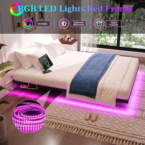 Awesofurni Floating Bed Frame Full Size with Smart LED Lights and Charging Station, Heavy Duty Modern Metal Platform Bed No Box Spring Needed - Easy Assembly and Noise Free Awesofurni