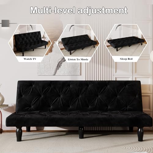 ODOLAR 66" Black Velvet Futon Sofa Bed, Sturdy Wood Frame & High-Elastic Foam, 3 Adjustable Gears, Multi-Functional for Living Room/Apartment/Bedroom, Easy Assembly (Black) ODOLAR