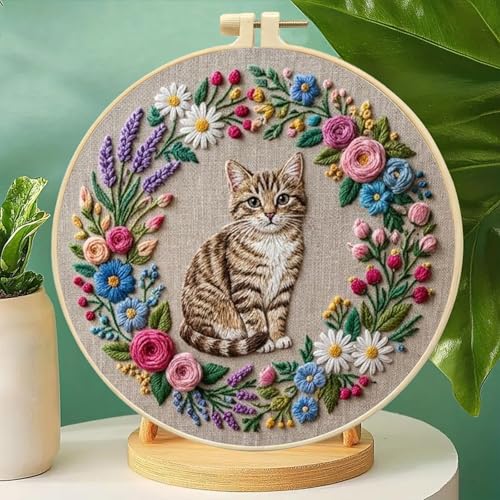 FRANDEK Cute Cat Stamped Embroidery Kit for Beginners Adults, DIY Needlework with Bamboo Hoop Pre-Printed Cotton Fabric, Complete Craft Gift for Women Home Decor