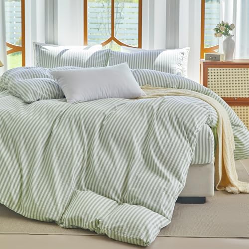 XINMIANFANG Striped Duvet Cover Set Full Size 3 Pcs 100% Washed Cotton Linen Like Textured Natural Wrinkle Comfy Breathable (Full, Classic Stripe-Sage Green/White) XINMIANFANG