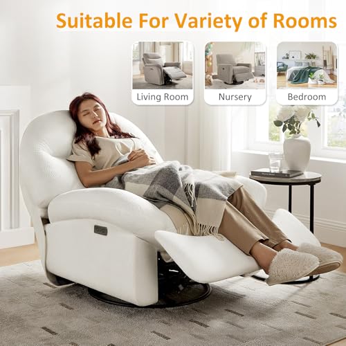 VANOMi Power Recliner Chair with USB & Type-C Charging, 270° Swivel Glider Rocker, Electric Nursery Recliner for Living Room, Bedroom, and Office, White