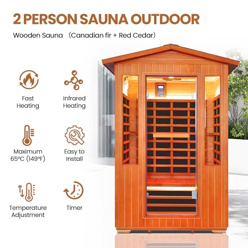 Outdoor Sauna 2 Person Sauna Infrared Saunas Dry Sauna Room 2080W/110V Low EMF Outer Board Red Cedar/Inner Board Fir Wood, Oxygen Bar, Speaker, LCD Control Screen, LED Lights - 48.8*38.2*81.9 in HOSAUNA