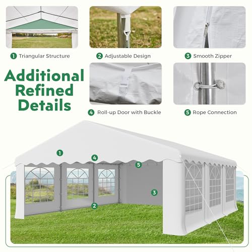 EROMMY 20x20ft Party Tent, Heavy Duty Large Wedding Canopy Outdoor Carport with 6 Removable Sidewalls, 2 Roll-up Doors, 2 Storage Bags, Gazebo Shelter Tent for Party Event Commercials, White EROMMY
