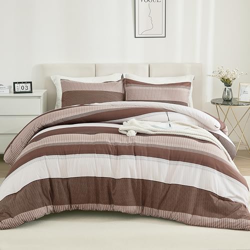 Litanika Brown Comforter Set Full - 3 Pieces Lightweight Brown White Colorblock Stripe Fluffy Bedding Comforter Sets, All Season Bed Set