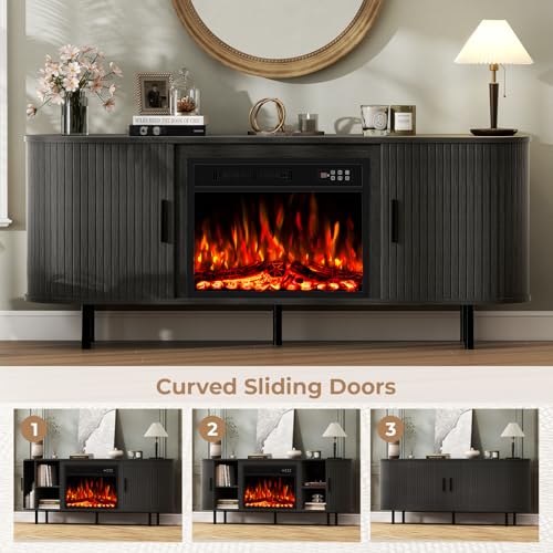 BREEZEHEAT 65'' Mid Century Modern Fluted TV Stand with 23" Fireplace, Curved Fireplace Entertainment Center for TVs Up to 75 Inches, Black Media Console Cabinet for Living Room BREEZEHEAT