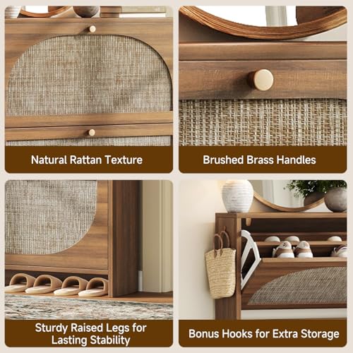 Nicetree Freestanding Ultra Slim Arched Rattan Accent Shoe Storage Cabinet for Entryway - 4 Flip Drawers & 3-Tier Adjustable Shelves, Farmhouse Modern Rustic Shoe Rack for Hallway, Foyer Oak Nicetree