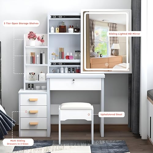 Makeup Vanity Desk with Mirror and Lights,Sliding Mirror & Drawers & Storage Shelves & Stool, Brightness Adjustable,3 Lighting Mode, for Bedroom,White Legendstone