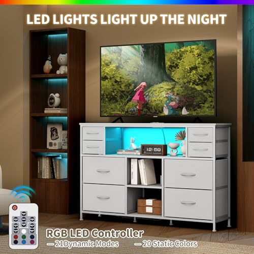 Leadpro TV Stand with LED Lights and Power Outlet, TV Dresser for 55 inches, Media Console Table with Drawers Cabinet and Open Storage Shelf Furniture Cabinet for Living Room,White Leadpro