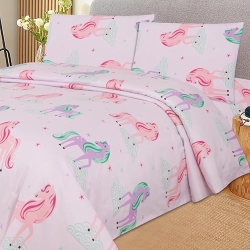 MK Collection Sheet Set Kids Teens Unicorn Pink Mint Purple Green Stars Luxury Sheet Set New (Queen) MK Home