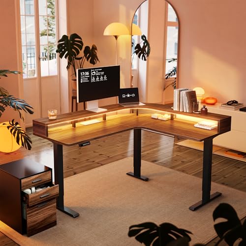 HUANUO Electric L Shaped Stadning Desk with LED Strip & Power Outrlets, 63" x 55" 2-Tier Height Adjustable Sit Stand up Desk with Power Strip Holder, Ergonomic Corner Computer Table, Walnut HUANUO