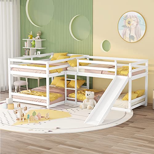 L-Shaped Quad Bunk Bed, Four Bunk Bed Twin Over Twin with Angle Ladder,Wooden Corner 4 Bed Bunk Bed Compatible with 0, Teens, Adults, No Box Spring Needed (Twin, Grey),Modern Style MhaRt