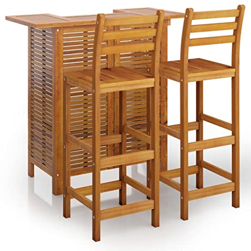 vidaXL Solid Acacia Wood Patio Bar Set - 3 Piece Outdoor Dining Ensemble with Oil Finish, Elegant 2 Shelf Bar Table, and Comfortable Stools vidaXL