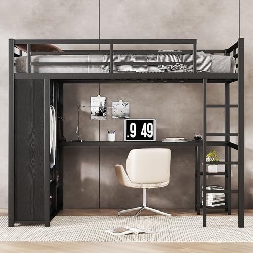 Full Size Loft Bed with Desk and Storage Shelves, Full Size Loft Bed with Wardrobe, Hanging Rod, Guardrail and Ladder, Balck Bellemave