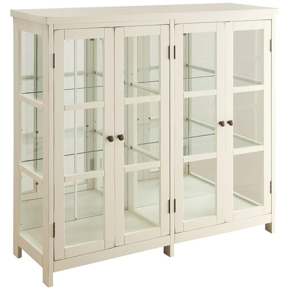 BOWERY HILL 4 Door Glass Display Curio China Accent Cabinet in Antique White BOWERY HILL