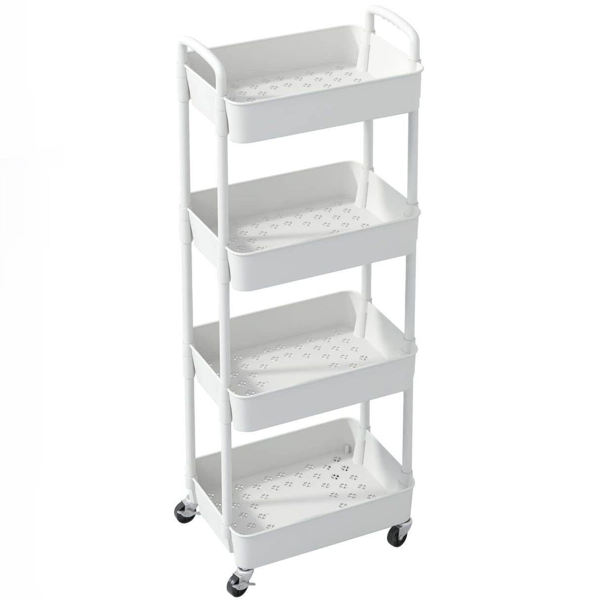 Sywhitta 4-Tier Plastic Rolling Utility Cart with Handle, Multi-Functional Storage Trolley for Office, Living Room, Kitchen, Movable Storage Organizer with Wheels, White Sywhitta