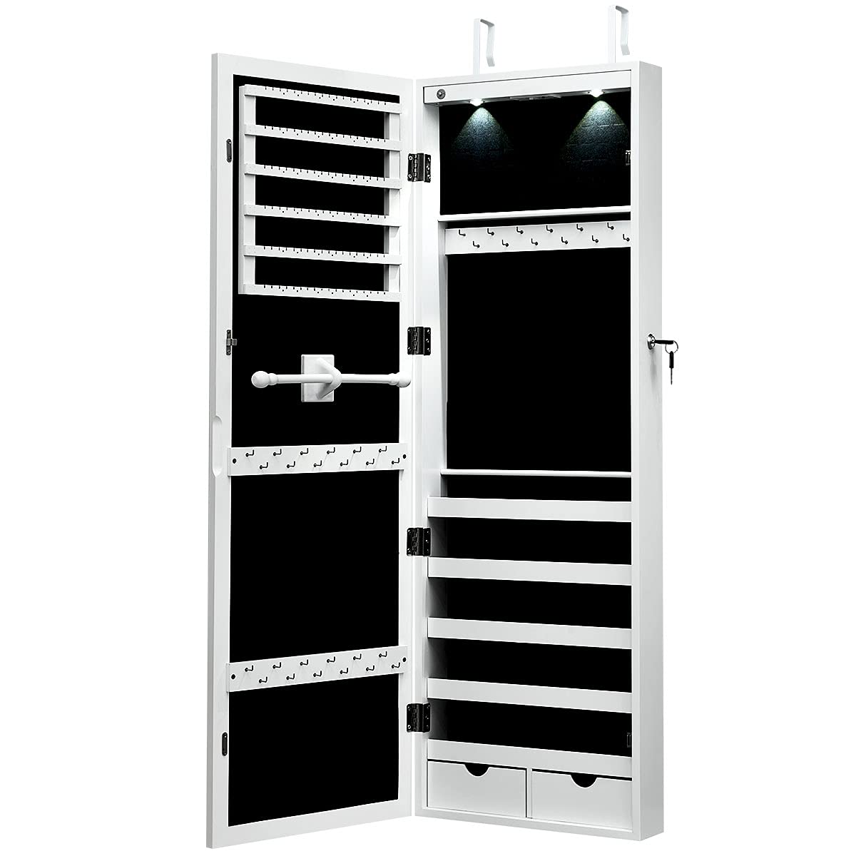 Giantex Jewelry Armoire Wall Door Mounted, Lockable Jewelry Cabinet with 42.5'' Full Length Mirror, 2 LEDs Jewelry Organizer Box with 2 Drawers, Mirror with Jewelry Storage (White) Giantex