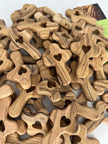 Pocket Cross with Heart, Olive Wood Comfort Crosses from the Holy land, Christian Encouragement Gifts, Wooden Cross for baptism, Small Wooden Prayer Cross (One Cross Only) iHoly Land Crafts