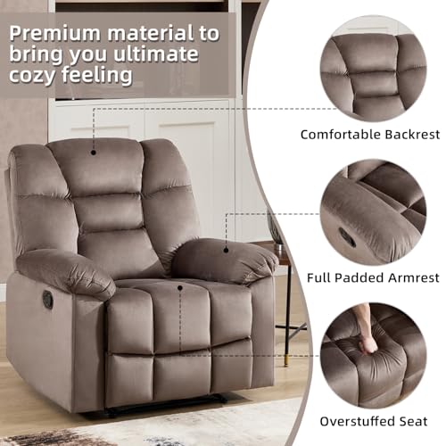 CANMOV Manual Recliner Single Sofa, Wall-Hugger Reclining Couch, Upholstered Sofa Chair with Armrests, Fabric Reclining Couch with Soft Cushion for Living Room (Brown, 36" W)