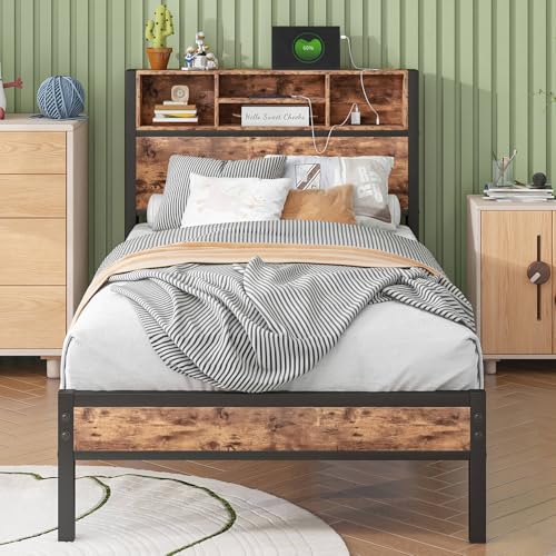 Twin XL Bed Frames with Headboard Storage, Twin Bed Frame with Charging Station, Single Bed Frame with Heavy Duty Metal Slats, No Box Spring Need, Easy Assembly, Rustic Brown Doredo