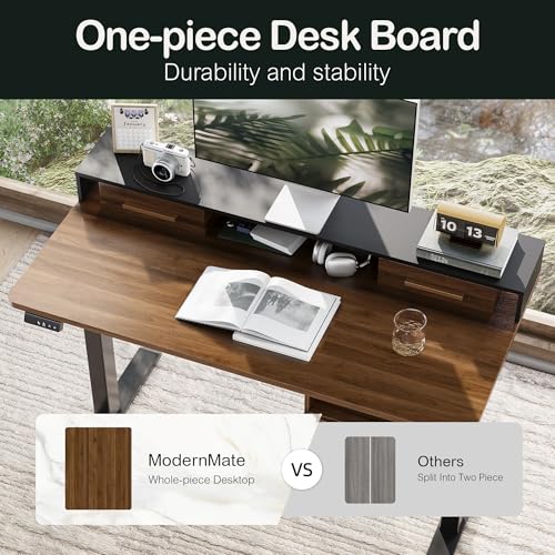 ModernMate Electric Standing Desk with 4 Drawers, 47.2 x 23.6 Inch Height Adjustable Whole Piece Sit Stand Desk, Computer Home Office Workstation with Open Storage Shelf, Black Walnut ModernMate