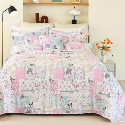 Cmfshape Garden Floral Bedding Set Twin,Reversible Quilted Bedspread,Pink Butterfly Quilt Set,Reversible Stitched Coverlet with 1 Pillow Sham(Twin68 x86 Pink) Cmfshape