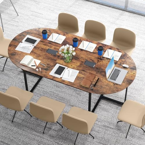 Tangkula 95" Conference Table, Large Oval Meeting Table for 10-12, 2 Cable Management Grommets, Sturdy Metal Legs, Industrial Business Training Seminar Table for Office Conference Room (Rustic Brown) Tangkula
