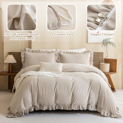 QSH Washed Cotton Queen Duvet Cover Set Ruffle Duvet Cover Linen Textured Farmhouse Shabby Vintage Chic Bedding Comforter Cover 3 PCs Aesthetic French Country Queen Bed Set QSH