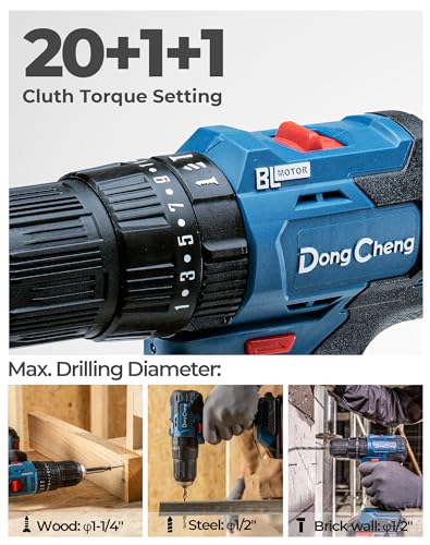 DongCheng 20V MAX Brushless Cordless 1/2" Hammer Drill Kit, 2 Batteries and Charger, 20+1+1 Metal Clutch, 435 in.lbs, 27000 IPM Compact Impact Drill for Drilling Brick Wall, Metal, Wood, Screws Dong Cheng