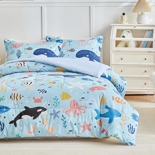 Joyreap 3pcs Cotton Twin Size Comforter Set for Kids, World of The Sea Theme Blue Design, Soft n Cozy Bedding Comforter for All Season- 68x88 inches Joyreap