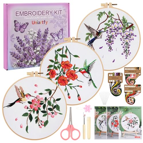 Embroidery Kit for Beginners,3 Pack Hummingbird and Flower Cross Stitch Kits for Adults,Needlepoint kit with Stamped Patterns,Hoop,Threads for Craft Lover,Hand Stitch with Embroidery Skill Techniques