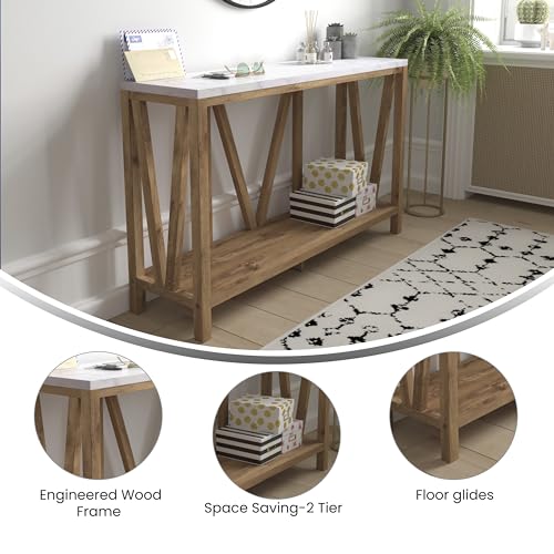 BizChair Farmhouse 2-Tier Console Table - Warm Oak Finish Engineered Wood Frame - Marble Finish Tabletop - for Entryway or Living Room BizChair