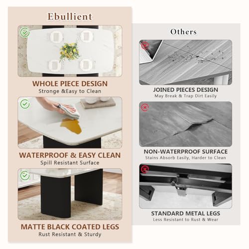 Ebullient White Marble Dining Table Set for 6, 67'' Modern Oval Dining Table and Chairs Set, 7 Piece Kitchen Table Set with 3.5'' Thick Marble-Patterned Top and Matte Black Column Legs Ebullient