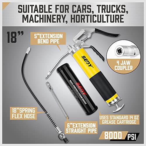 Heavy Duty Grease Gun Kit - 14oz Free Grease Tube 8000 PSI Pistol High Pressure Flexible Hose Bearing Grease Pump Marine Durable Connectors Adapters Extension Tubes Nozzle Easy Operation SEDY