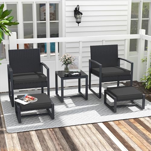 JOIVI 5 Pieces Patio Bistro Set, PE Wicker Outdoor Patio Furniture Set, Modern Rattan Patio Chairs with Table & Ottomans, Patio Conversation Sets for Balcony, Front Porch, Garden, Black Cushion JOIVI