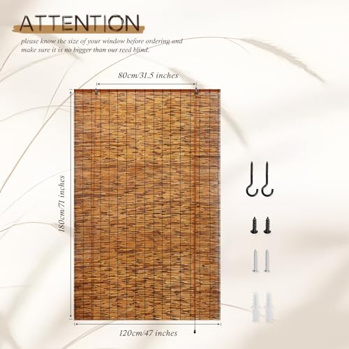 TOOKNIN Bamboo Roll-Up Window Blinds - Set of 2, 47" W x 71" H Brown Bamboo Shades for Enhanced Privacy and Sun Protection TOOKNIN